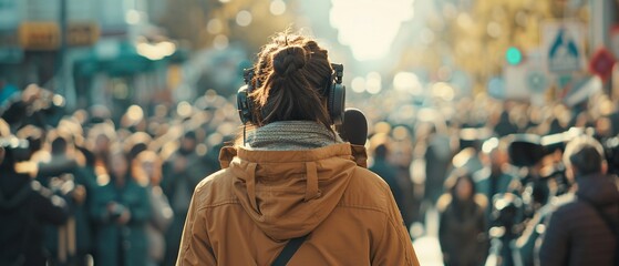 Reporter with microphone standing before a large, diverse crowd, outdoor news event, cameras and onlookers, professional scene 8K , high-resolution, ultra HD,up32K HD