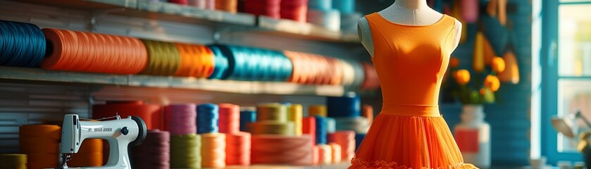 Vibrant sewing room with orange dress on mannequin, stacks of colorful fabric rolls, sewing machine, bright and detailed 8K , high-resolution, ultra HD,up32K HD