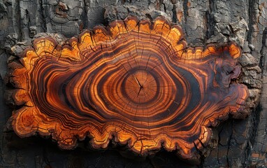 Close-up of a unique tree bark texture with prominent rings and vibrant wood patterns, showcasing natural beauty and organic art.