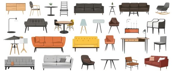 Vector illustration of different types of furniture on a white background