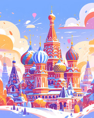 Illustration of St. Basil's Cathedral. The season is winter.  Contemporary art. A postcard in the style of digital art.