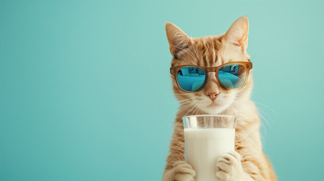 A cat wearing sunnies, shades, sunglasses, holding a glass of milk against a turquoise isolated background with room for text, copy space.
