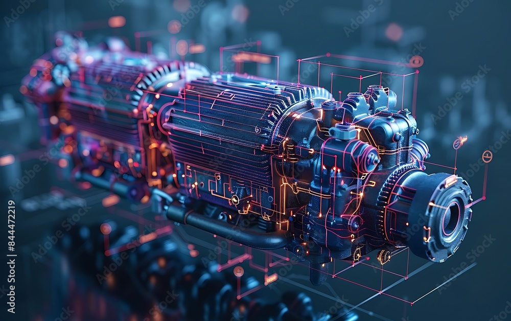 Poster engineering images of designing automobile engines and mechanical parts