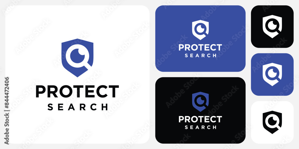 Poster vector logo design in the shape of a shield and magnifying glass as a search symbol in a modern, sim