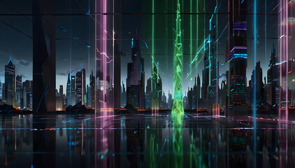 futuristic metropolis, a towering holographic cathedral pulsates with vibrant hues of neon and electric blue, its transparent walls intricately woven with circuitry,