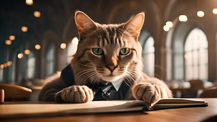 A tabby cat dressed in a formal suit sits at a library desk reading a book, embodying academic charm and humorous sophistication in a scholarly autumn setting