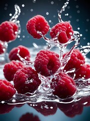 A close up of a bunch of red raspberries with water splashing around them