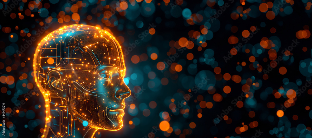Poster a head with a face made of computer chips and glowing lights. the image is abstract and futuristic, 