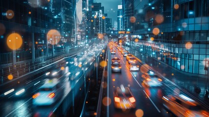 A dynamic cityscape at rush hour, with AI-controlled traffic management systems optimizing...