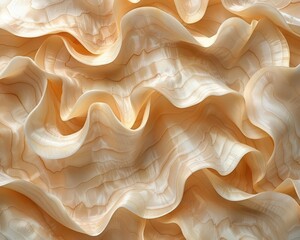 Close-up of flowing, delicate beige-colored fabric with intricate folds creating a soft and elegant abstract pattern.
