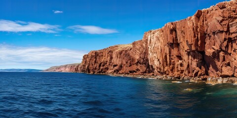 Coast line sea ocean cliff mountain rock at sunny beautiful day. Nature outdoor adventure travel trip journey scene background view