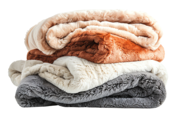 Three folded blankets of different colors, isolated on transparent background. Soft and cozy.