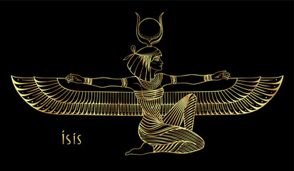 Isis, goddess of life and magic in Egyptian mythology. One of the greatest goddesses of Ancient Egypt, protects women, children, heals sick. Vector isolated illustration in gold over black. Winged