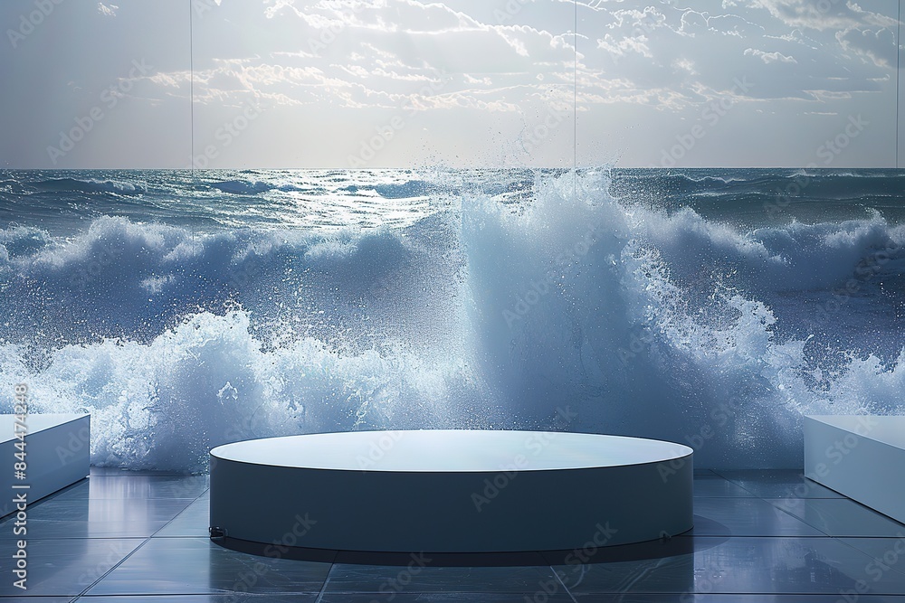 Aufkleber circular platform in a room with dynamic ocean wave simulation on the walls.