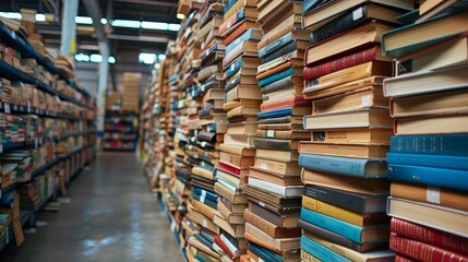 A large warehouse filled with stacks of books, creating an extensive library-like scene with colorful covers and endless rows of literature.