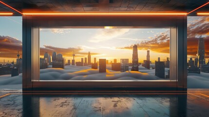 3d rendering of futuristic city landscape inside the rectangle frame, sky and cloud background, orange lighting