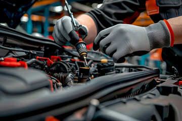 close up of car Mechanics hands Working on Car Engine Assembly in Automotive Factory with tools