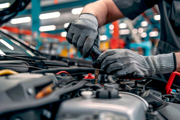 close up of car mechanic hands repairing car engine in auto repair workshop using tools