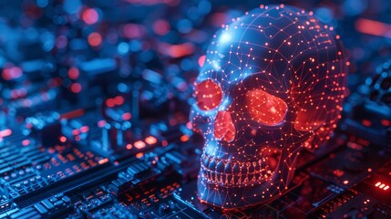 AIdriven cybersecurity for digital skull data, top view, illustrating AI integration, advanced tone, vivid