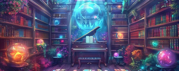 a magical library with floating books