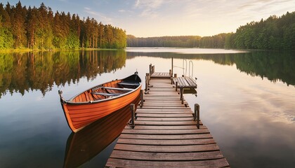 Obraz premium A tranquil morning scene featuring a wooden rowboat floating on a calm lake, with a wooden dock in the foreground. 
