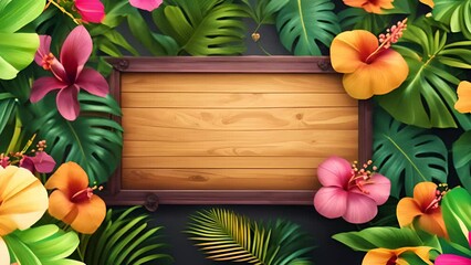 Vibrant summer-themed wooden sign surrounded by tropical hibiscus flowers and lush green leaves, perfect for beach party invitations or Hawaiian Luau decorations