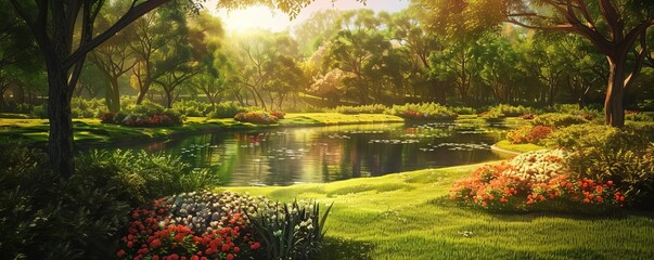 A picturesque park scene with lush green grass