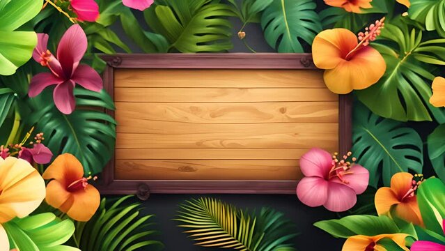 Vibrant summer-themed wooden sign surrounded by tropical hibiscus flowers and lush green leaves, perfect for beach party invitations or Hawaiian Luau decorations