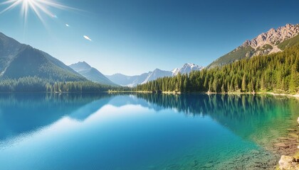 A stunning view of a crystal clear mountain lake on a sunny day, surrounded by majestic peaks and dense forests. The calm water reflects the blue sky and towering mountains.