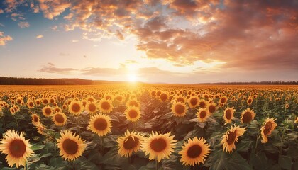 A breathtaking view of a vast sunflower field at sunset. The golden sunflowers stretch out to the horizon, their bright petals glowing under the warm light of the setting sun.