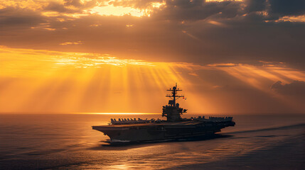 Obraz premium Aircraft Carrier Sails Through a Fiery Sunset