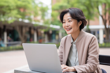 Middle aged Chinese woman at outdoors working with a laptop