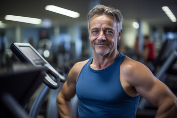 Obraz premium Middle aged man in sportswear in a gym