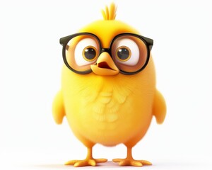 Obraz premium Cute cartoon little surprised chicken with glasses. Isolated 3d illustration on white background. 