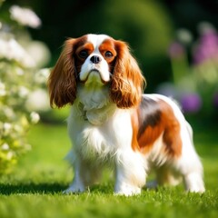 Cavalier King Charles Spaniel standing in a bright garden, an image generated by artificial intelligence