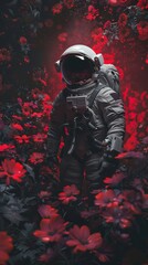 Fototapeta premium Astronaut standing on an alien world, among red flowers.