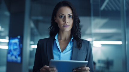 Businesswoman holding tablet in the model office wearing suit