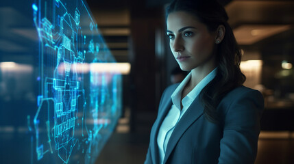 Beautiful Attractive Business Woman in a suit staring at the transparent digital screen of blueprint engineer building