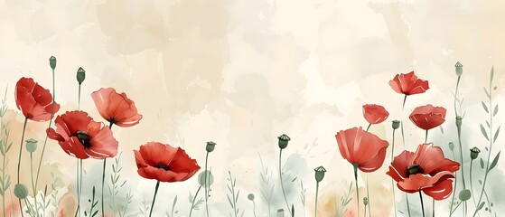 Tranquil Poppy Field with Patriotic Accents and Blank Space for Text Overlay