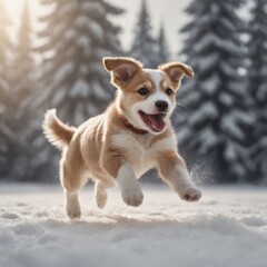 happy puppy jumping in the snow