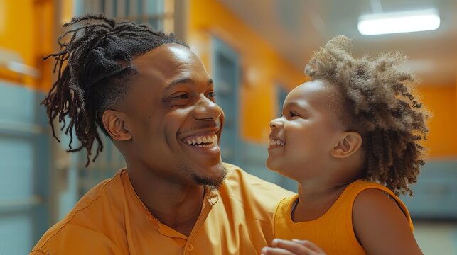 Inmate receiving a visit from a child, joyful reunion, bright and cheerful visiting area