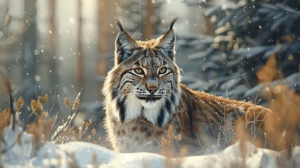 Obraz premium Majestic Lynx in Snowy Forest at Sunset