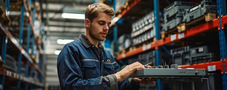 Mechanic calibrating a warehouse scale, large storage space, precise adjustment