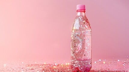 A bottle of water with glitter inside and on the surface around it against a pink background.