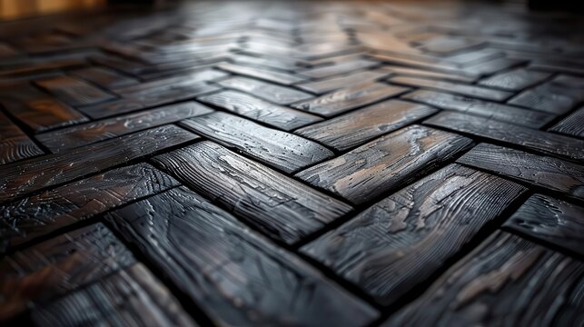 Close-up view of a wooden parquet floor in a herringbone pattern with rustic, dark wood tones under soft lighting. Interior design element.