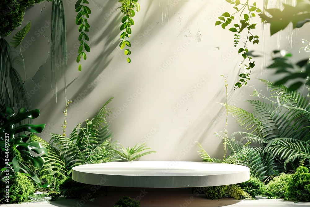 Poster white circular podium surrounded by lush greenery with sunlight and shadows creating a natural setti
