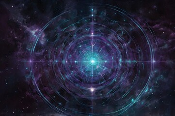 Obraz premium A glowing, pulsating orb in a dark cosmos emits powerful energy waves in purple, turquoise, and silver, creating a mesmerizing ripple effect. Stars and cosmic dust are illuminated, showcasing dynamic 