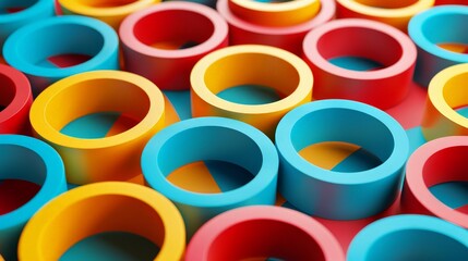 3d rendering of colorful overlapping circles and rings. the rings are red, blue, and yellow and they are arranged in a random pattern. random creative. 