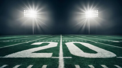 Football Field Under Stadium Lights with 20 Yard Line