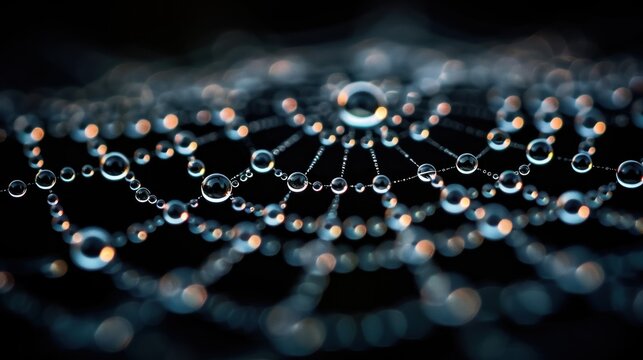 A macro photograph of water droplets on a spider web, creating a natural necklace of shimmering beads. The close-up view highlights the delicate beauty and geometric perfection of the web